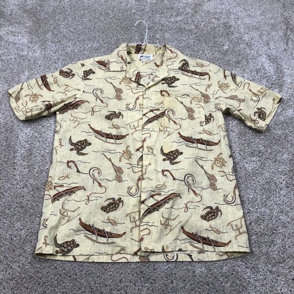 VTG Malihini Shirt Adult Large Beige Tribal Turtle Hawaiian Button Up USA 70s - Picture 1 of 9